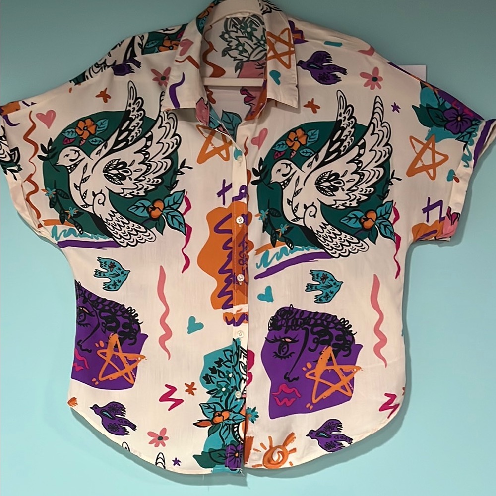 Women’s‎ top Sunburst kiss top women’s XL button up Graphic Print women’s  Shirt - Picture 2 of 13